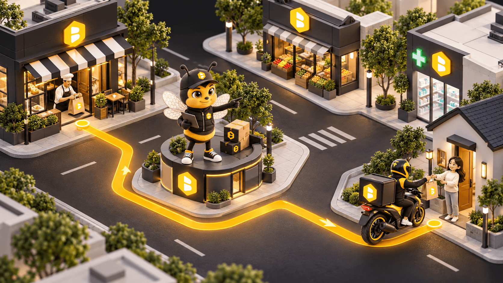 Ecossistema BeeGo com restaurante, mercado, farmácia, entregador e cliente conectados